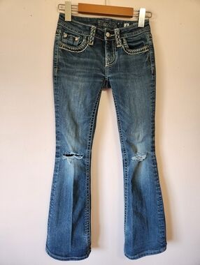 Miss Me Girls Bootcut Jeans Rhinestone Flap Pocket Thick Stitch Distressed Sz 8